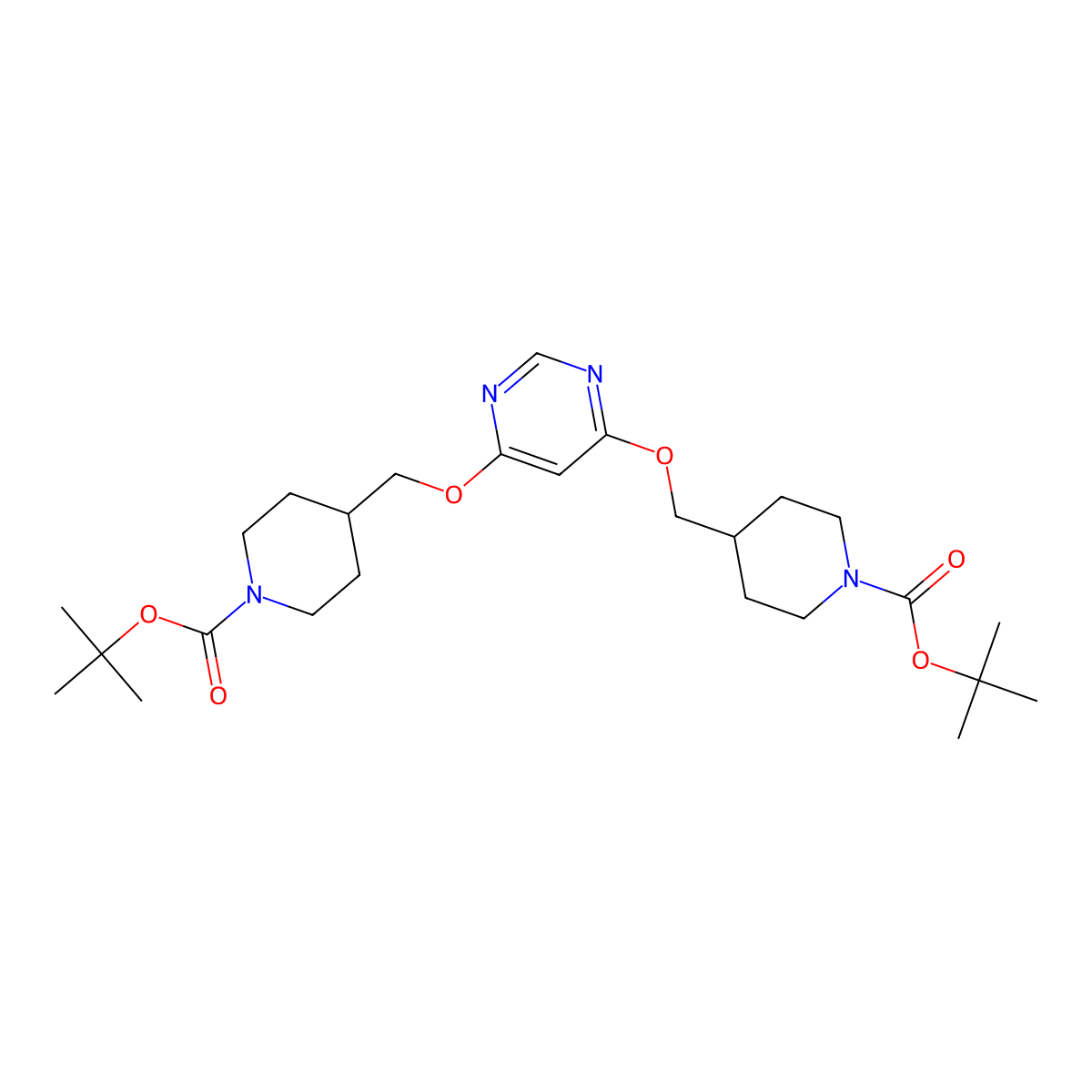 Di-tert-butyl 4,4'-((pyrimidine-4,6-diylbis(oxy))bis(methylene))bis(piperidine-1-carboxylate) molecular structure, CAS 1353956-51-0