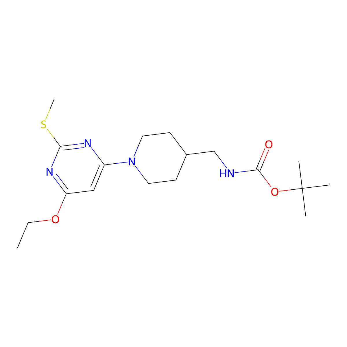 tert-Butyl ((1-(6-ethoxy-2-(methylthio)pyrimidin-4-yl)piperidin-4-yl)methyl)carbamate molecular structure, CAS 1353958-12-9