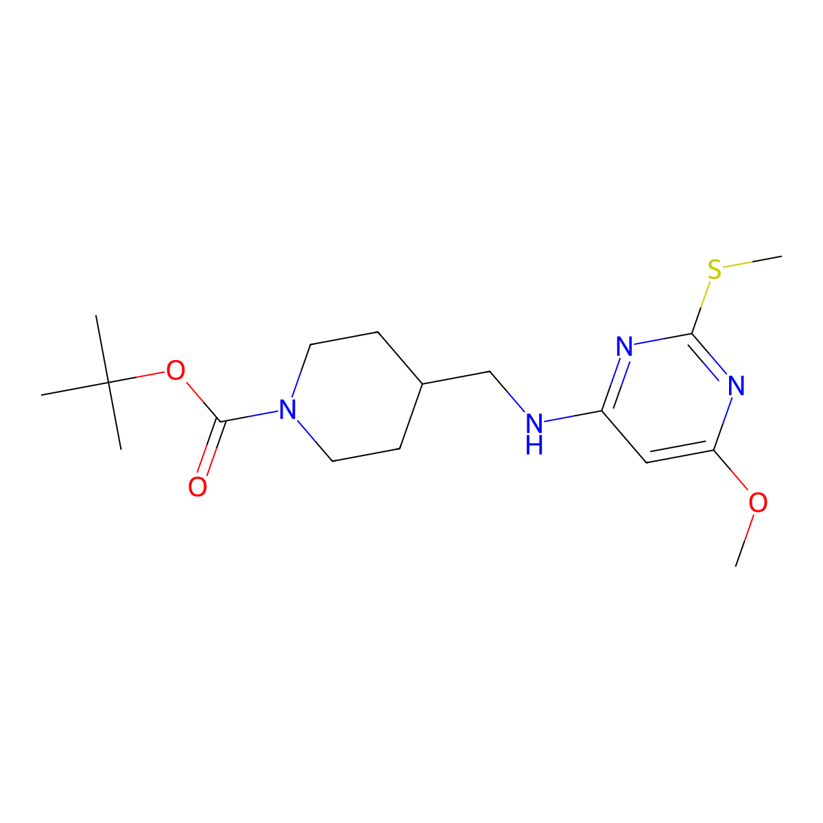 tert-Butyl 4-(((6-methoxy-2-(methylthio)pyrimidin-4-yl)amino)methyl)piperidine-1-carboxylate molecular structure, CAS 1353958-26-5