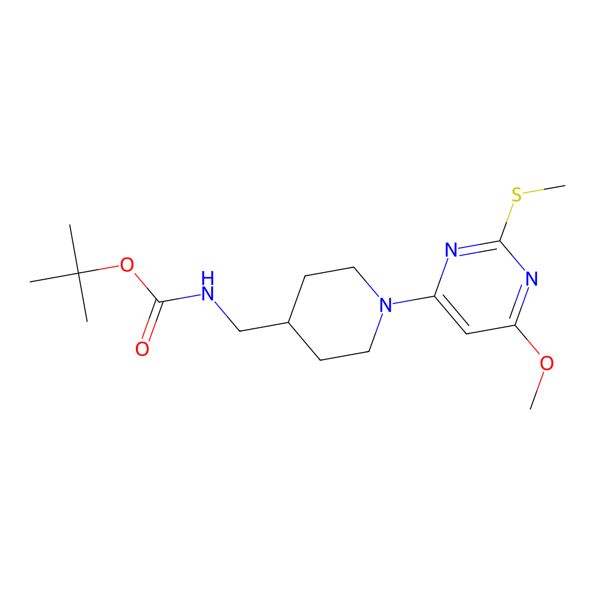 tert-Butyl ((1-(6-methoxy-2-(methylthio)pyrimidin-4-yl)piperidin-4-yl)methyl)carbamate molecular structure, CAS 1353958-76-5