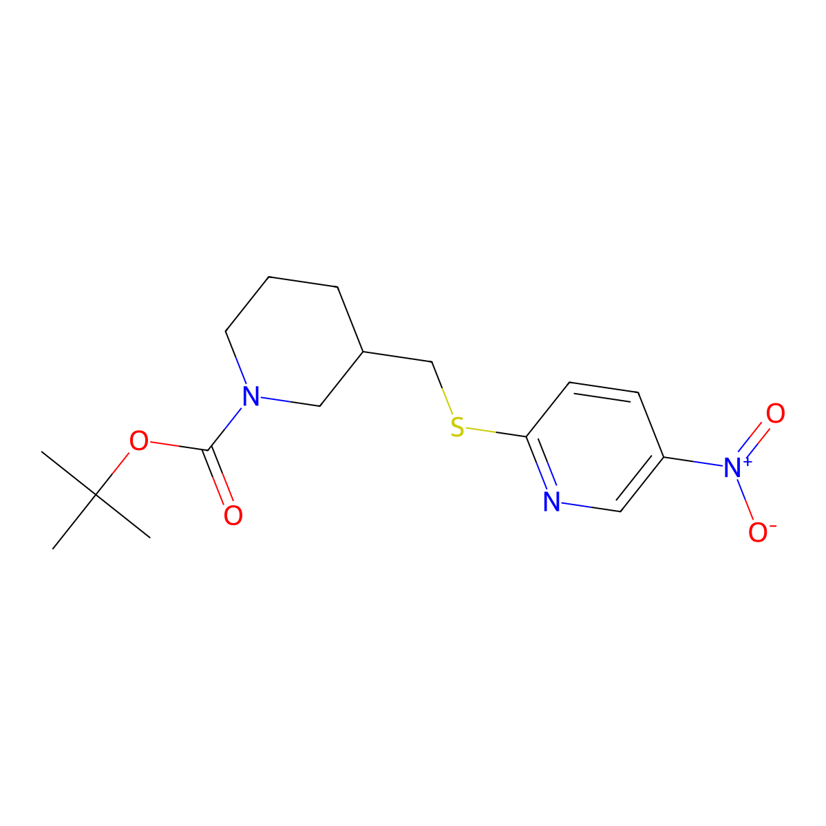 tert-Butyl 3-(((5-nitropyridin-2-yl)thio)methyl)piperidine-1-carboxylate molecular structure, CAS 1353958-98-1