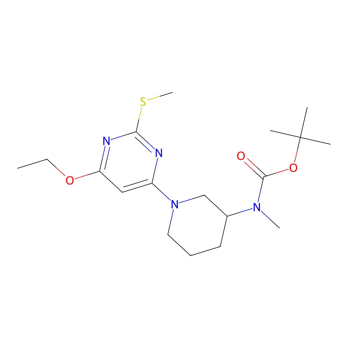 tert-Butyl (1-(6-ethoxy-2-(methylthio)pyrimidin-4-yl)piperidin-3-yl)(methyl)carbamate molecular structure, CAS 1353965-06-6