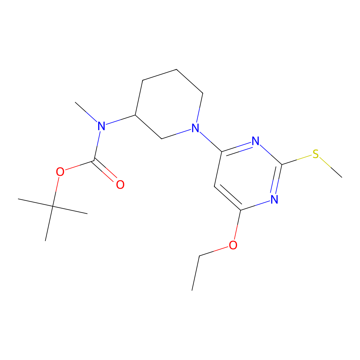 tert-Butyl (1-(6-ethoxy-2-(methylthio)pyrimidin-4-yl)piperidin-3-yl)(methyl)carbamate molecular structure, CAS 1353965-06-6