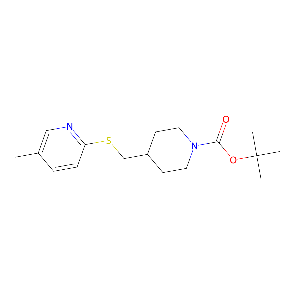 tert-Butyl 4-(((5-methylpyridin-2-yl)thio)methyl)piperidine-1-carboxylate molecular structure, CAS 1353967-09-5