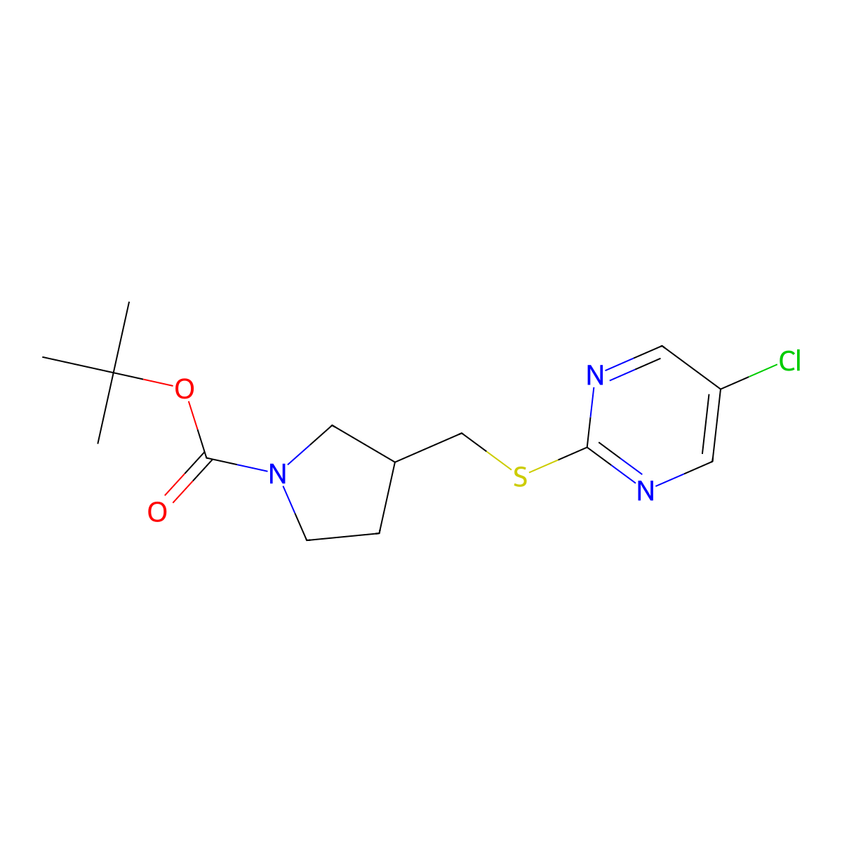 tert-Butyl 3-(((5-chloropyrimidin-2-yl)thio)methyl)pyrrolidine-1-carboxylate molecular structure, CAS 1353972-20-9