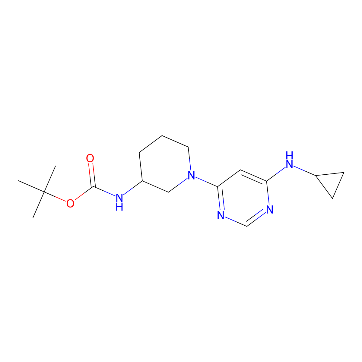 tert-Butyl (1-(6-(cyclopropylamino)pyrimidin-4-yl)piperidin-3-yl)carbamate molecular structure, CAS 1353972-89-0