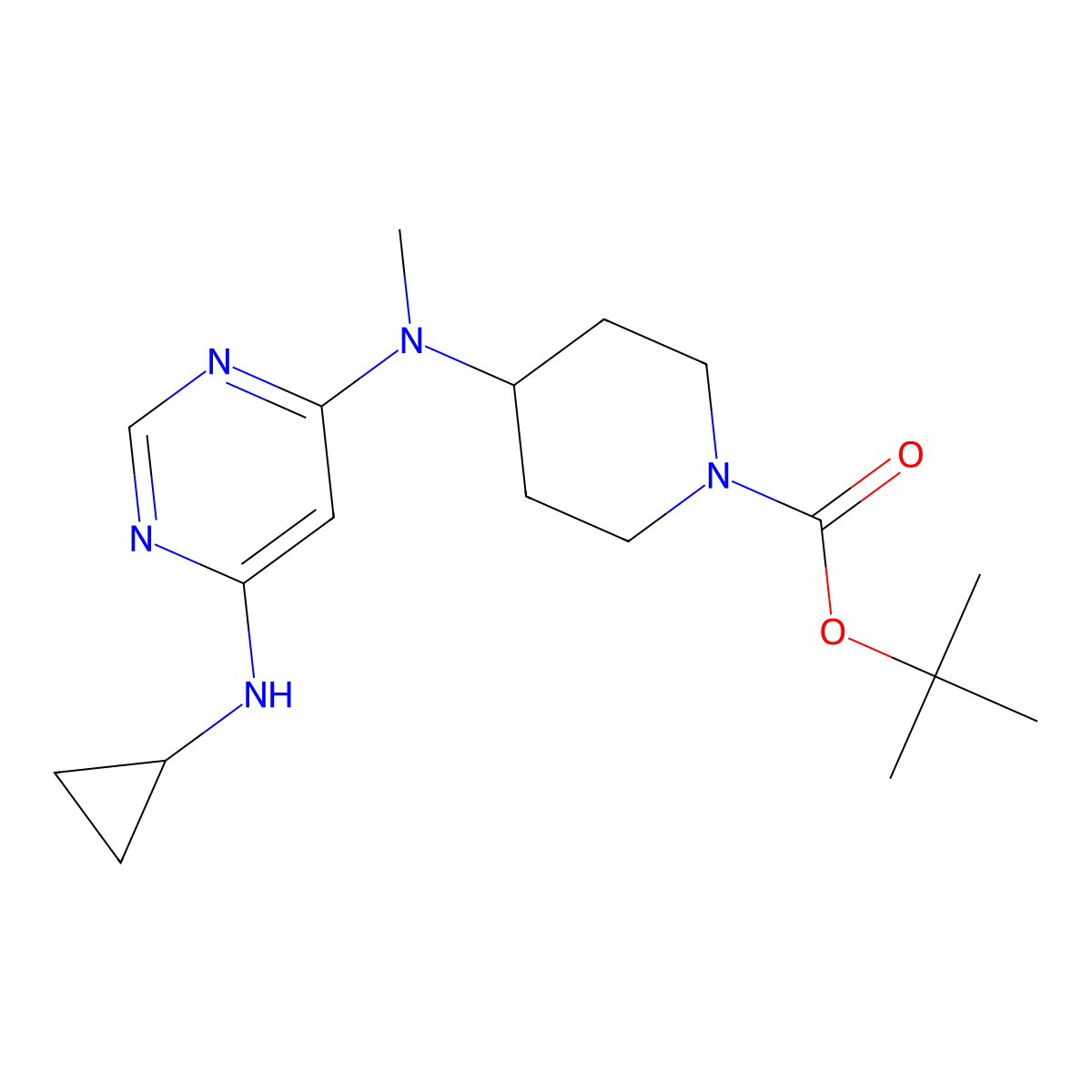 tert-Butyl 4-((6-(cyclopropylamino)pyrimidin-4-yl)(methyl)amino)piperidine-1-carboxylate molecular structure, CAS 1353974-36-3