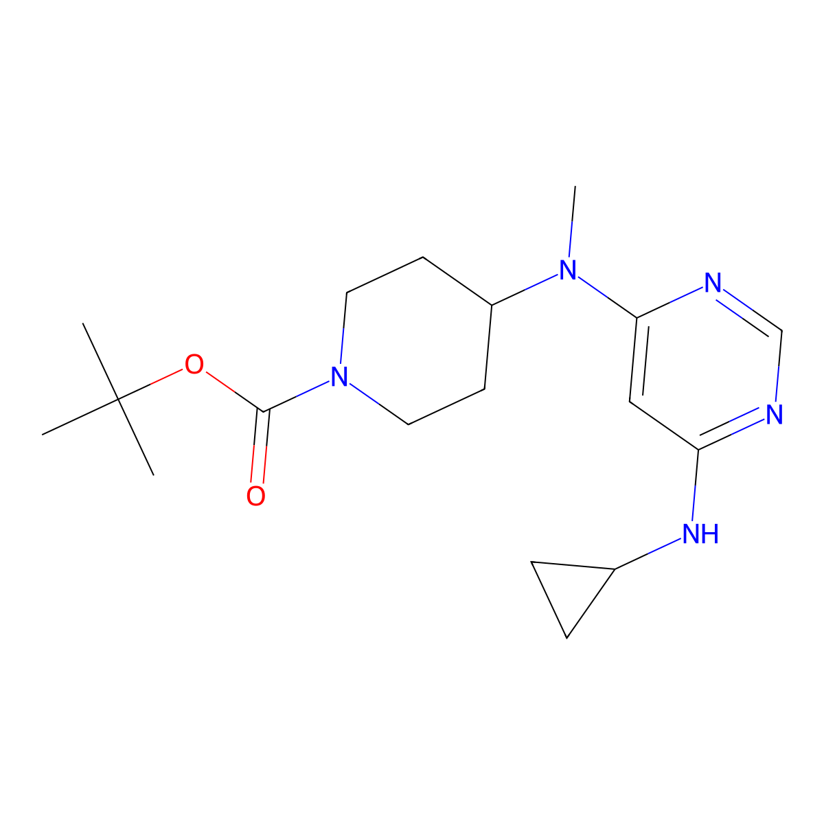 tert-Butyl 4-((6-(cyclopropylamino)pyrimidin-4-yl)(methyl)amino)piperidine-1-carboxylate molecular structure, CAS 1353974-36-3