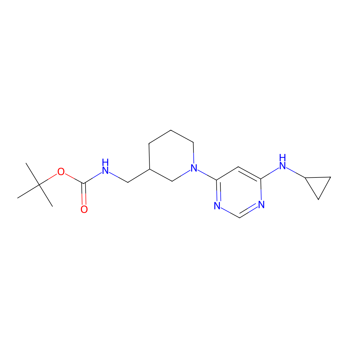tert-Butyl ((1-(6-(cyclopropylamino)pyrimidin-4-yl)piperidin-3-yl)methyl)carbamate molecular structure, CAS 1353974-39-6