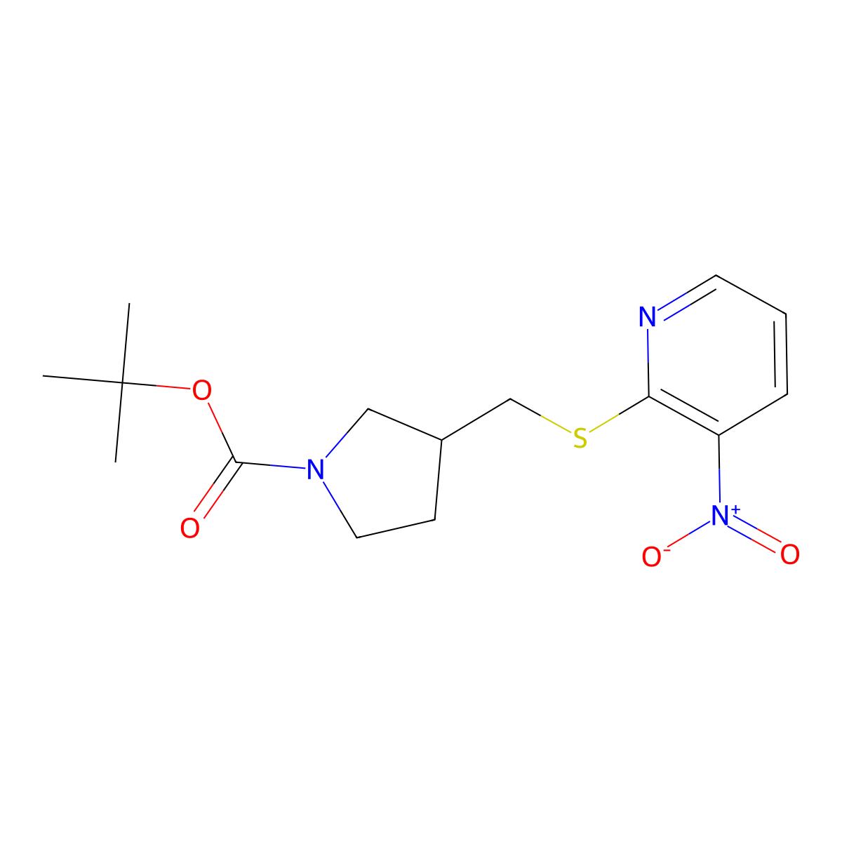 tert-Butyl 3-(((3-nitropyridin-2-yl)thio)methyl)pyrrolidine-1-carboxylate molecular structure, CAS 1353979-04-0