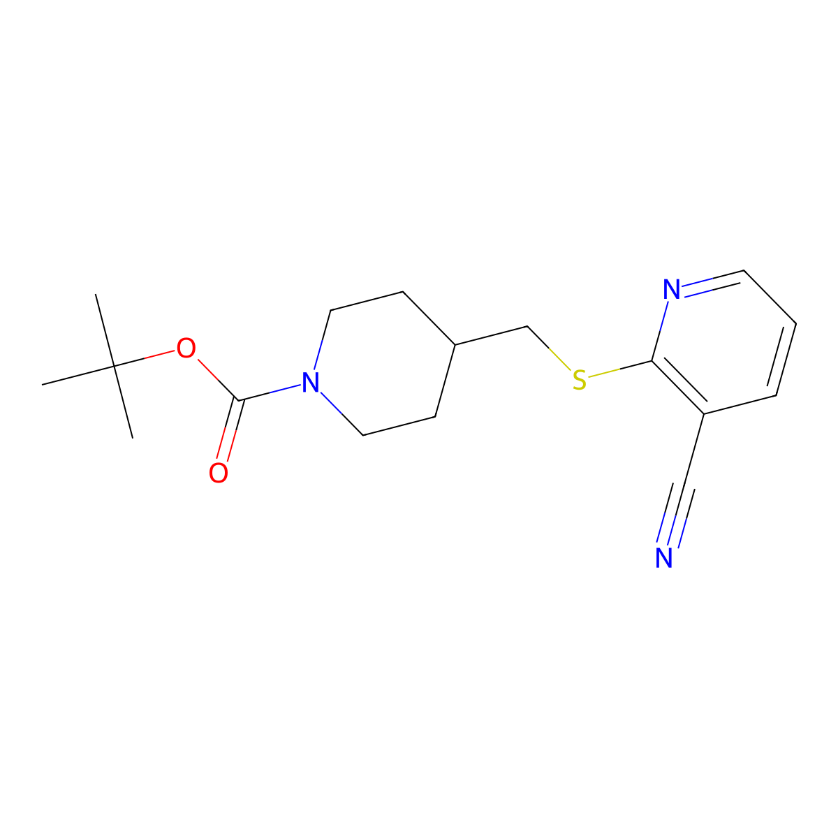 tert-Butyl 4-(((3-cyanopyridin-2-yl)thio)methyl)piperidine-1-carboxylate molecular structure, CAS 1353981-30-2