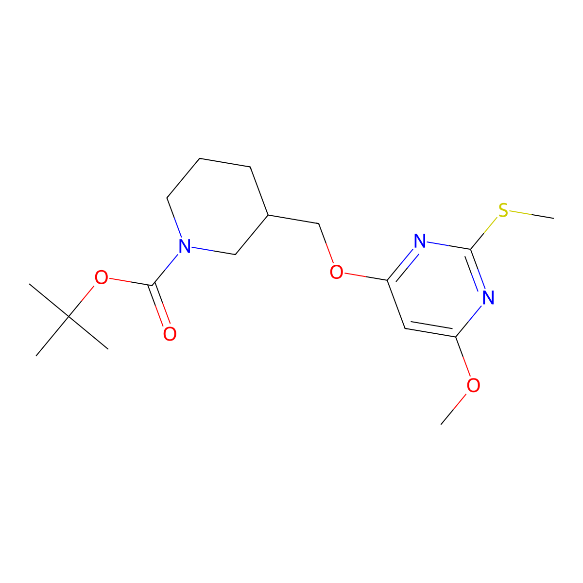 tert-Butyl 3-(((6-methoxy-2-(methylthio)pyrimidin-4-yl)oxy)methyl)piperidine-1-carboxylate molecular structure, CAS 1353981-44-8