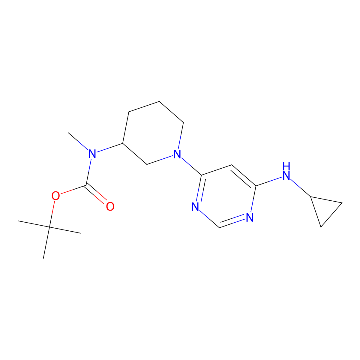 tert-Butyl (1-(6-(cyclopropylamino)pyrimidin-4-yl)piperidin-3-yl)(methyl)carbamate molecular structure, CAS 1353984-49-2
