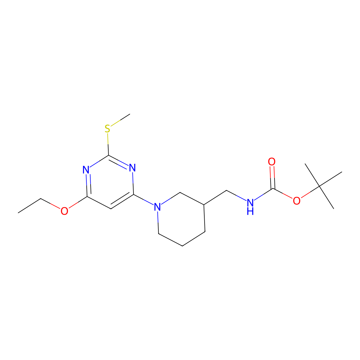 tert-Butyl ((1-(6-ethoxy-2-(methylthio)pyrimidin-4-yl)piperidin-3-yl)methyl)carbamate molecular structure, CAS 1353987-52-6