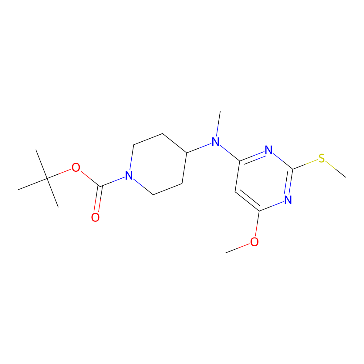 tert-Butyl 4-((6-methoxy-2-(methylthio)pyrimidin-4-yl)(methyl)amino)piperidine-1-carboxylate molecular structure, CAS 1353987-55-9
