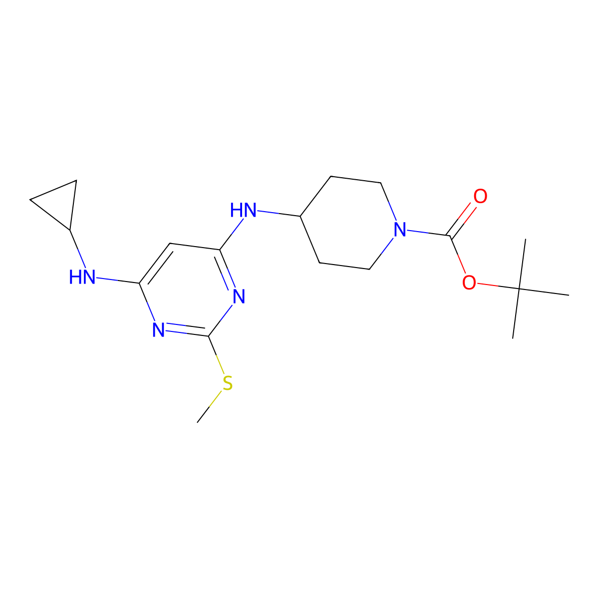 tert-Butyl 4-((6-(cyclopropylamino)-2-(methylthio)pyrimidin-4-yl)amino)piperidine-1-carboxylate molecular structure, CAS 1353989-79-3