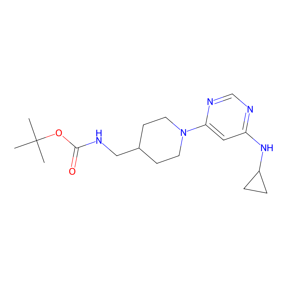 tert-Butyl ((1-(6-(cyclopropylamino)pyrimidin-4-yl)piperidin-4-yl)methyl)carbamate molecular structure, CAS 1353989-86-2