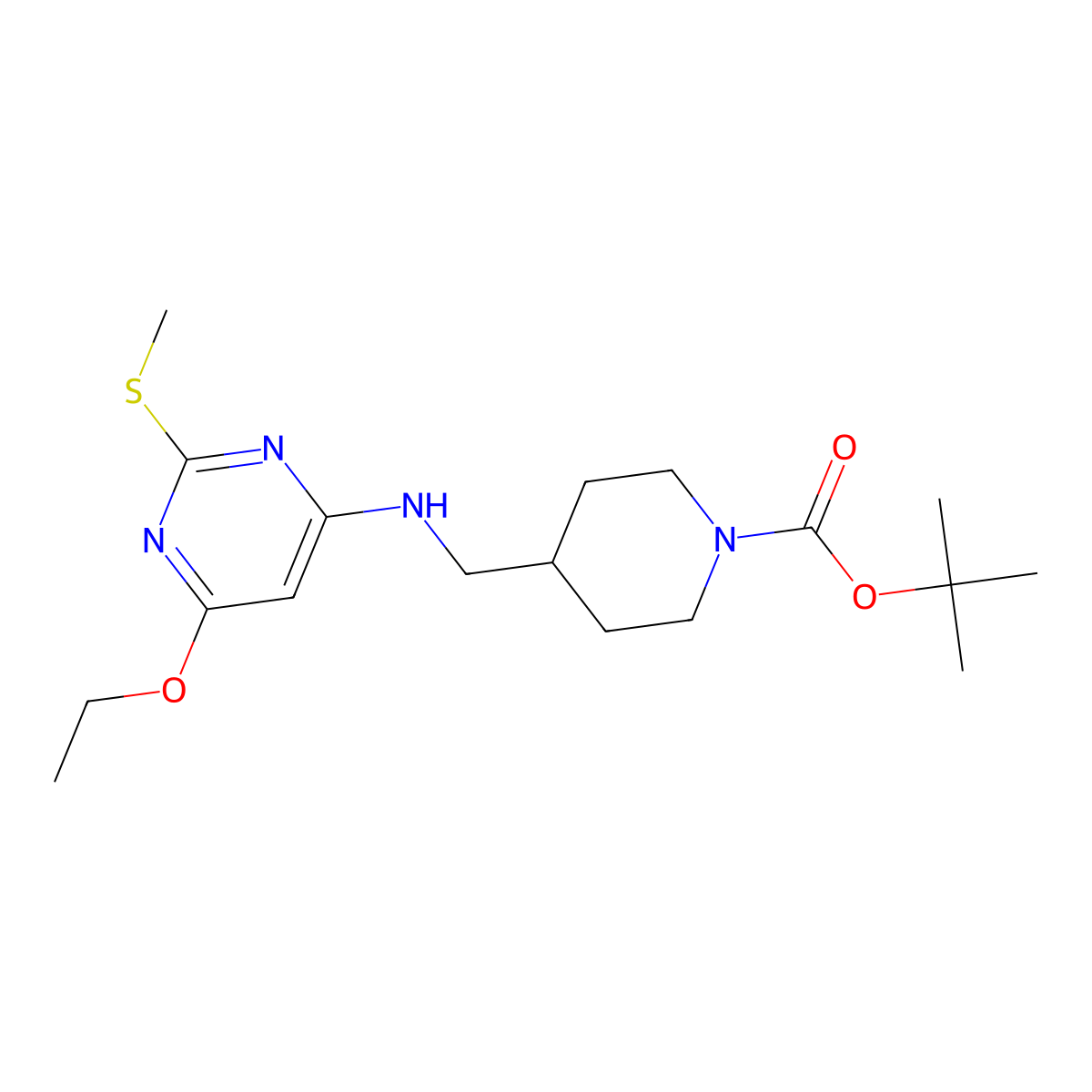 tert-Butyl 4-(((6-ethoxy-2-(methylthio)pyrimidin-4-yl)amino)methyl)piperidine-1-carboxylate molecular structure, CAS 1353989-87-3
