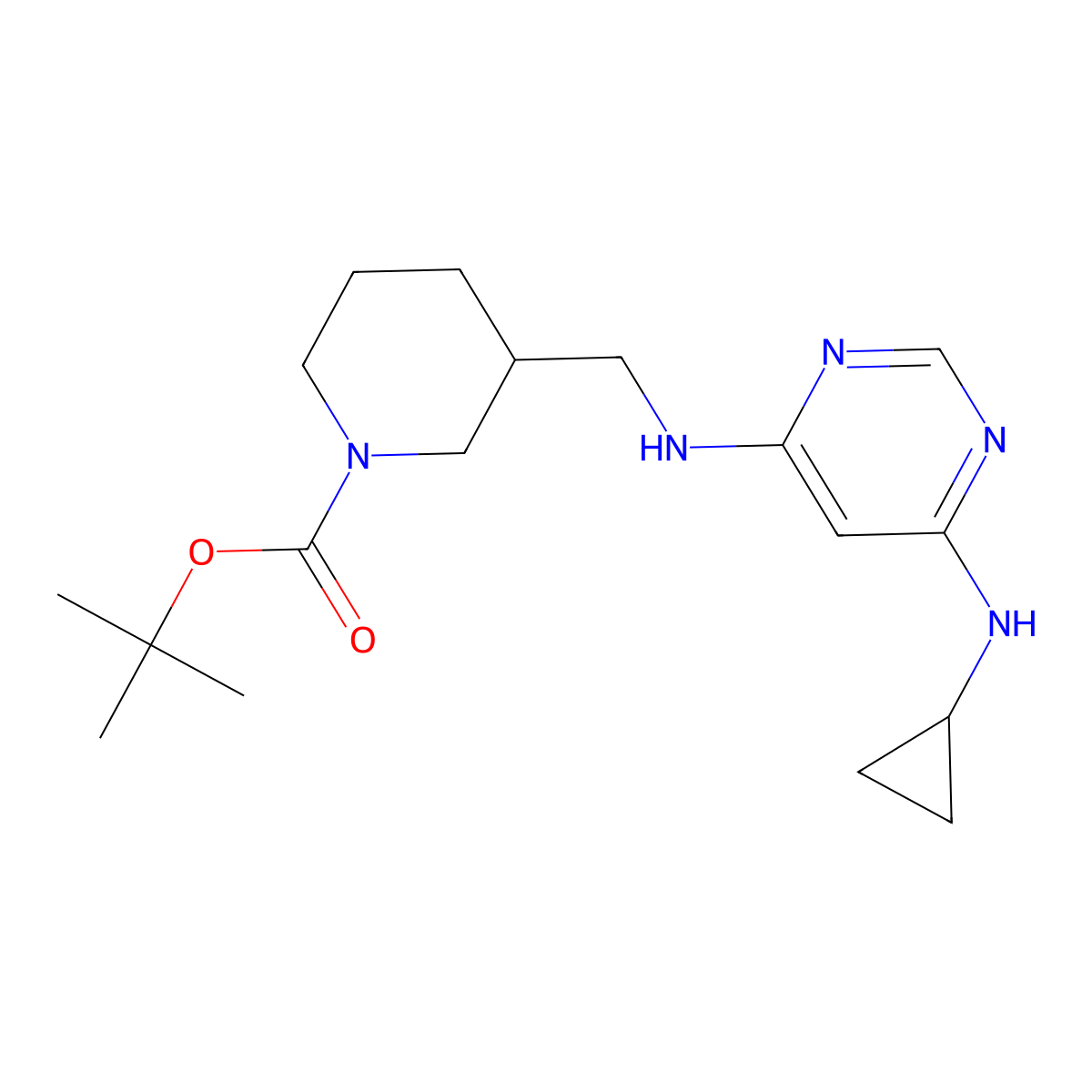 tert-Butyl 3-(((6-(cyclopropylamino)pyrimidin-4-yl)amino)methyl)piperidine-1-carboxylate molecular structure, CAS 1353989-88-4