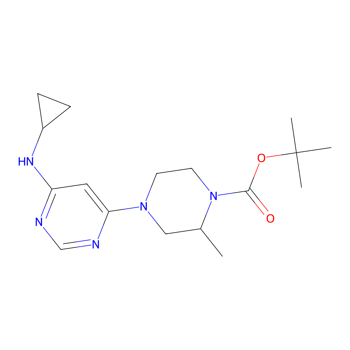 tert-Butyl 4-(6-(cyclopropylamino)pyrimidin-4-yl)-2-methylpiperazine-1-carboxylate molecular structure, CAS 1353989-91-9