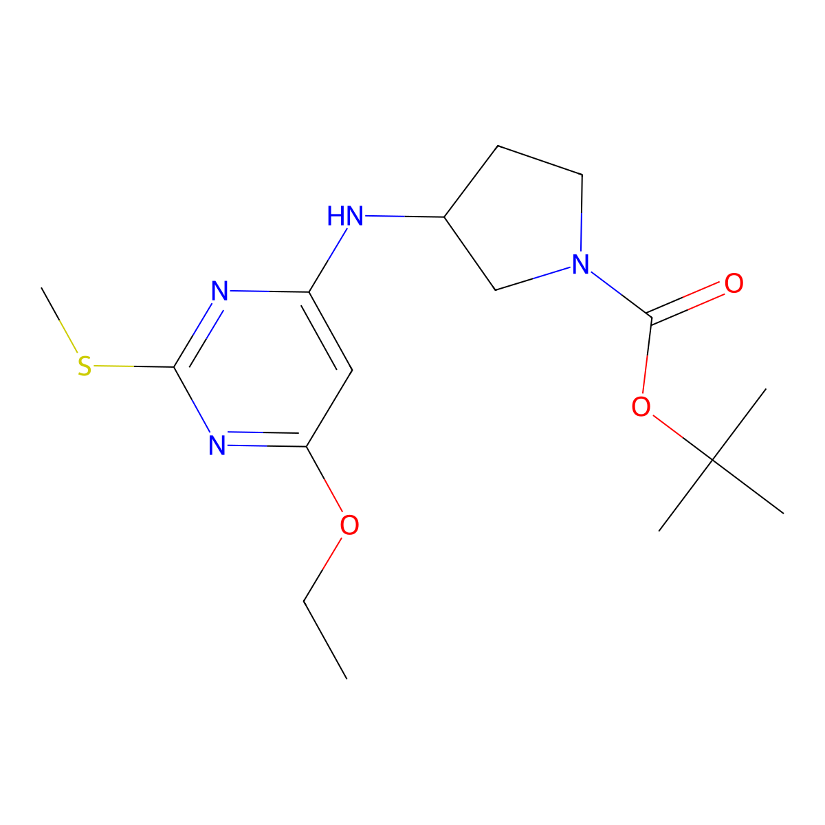 (R)-tert-Butyl 3-((6-ethoxy-2-(methylthio)pyrimidin-4-yl)amino)pyrrolidine-1-carboxylate molecular structure, CAS 1353999-98-0