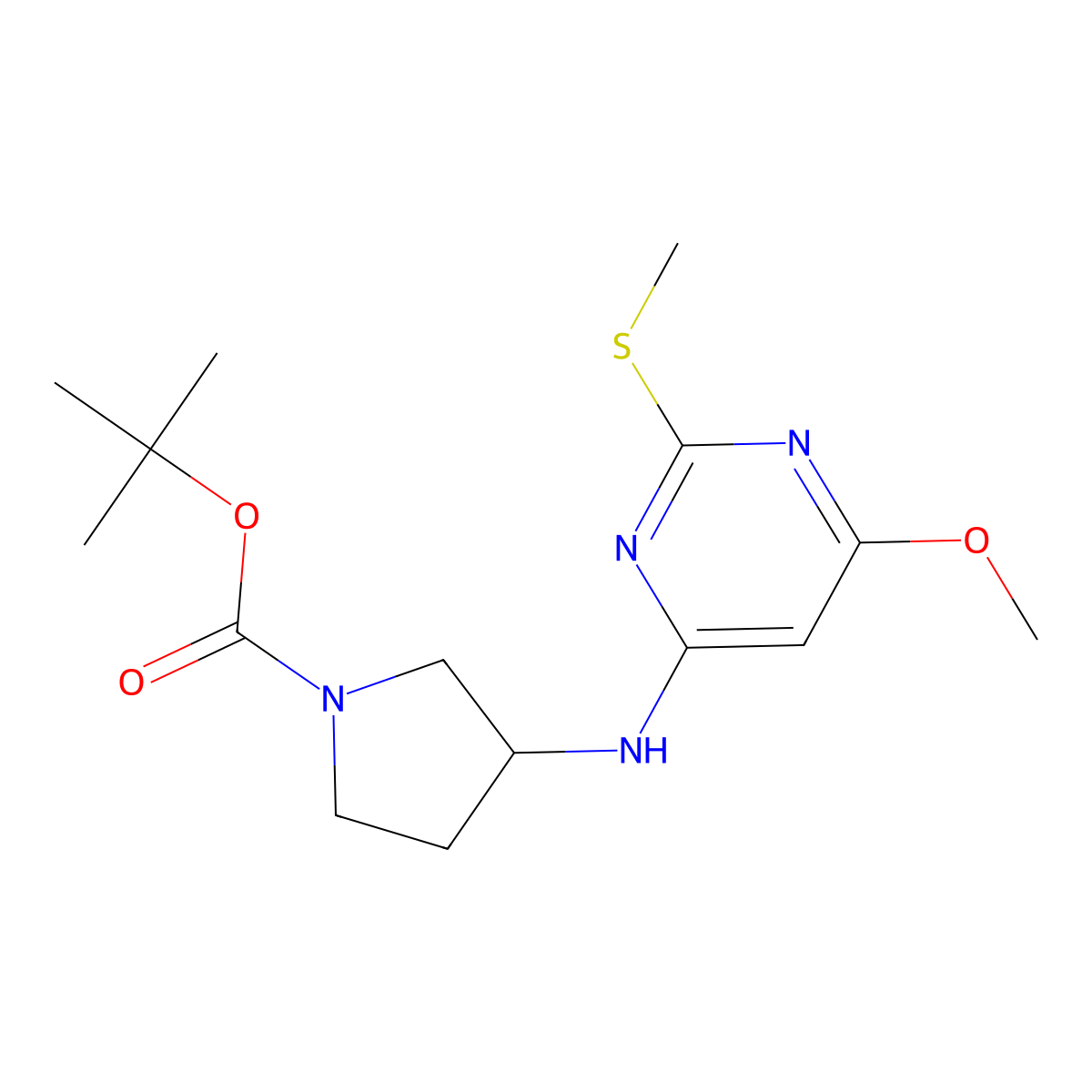 (S)-tert-Butyl 3-((6-methoxy-2-(methylthio)pyrimidin-4-yl)amino)pyrrolidine-1-carboxylate molecular structure, CAS 1354009-88-3