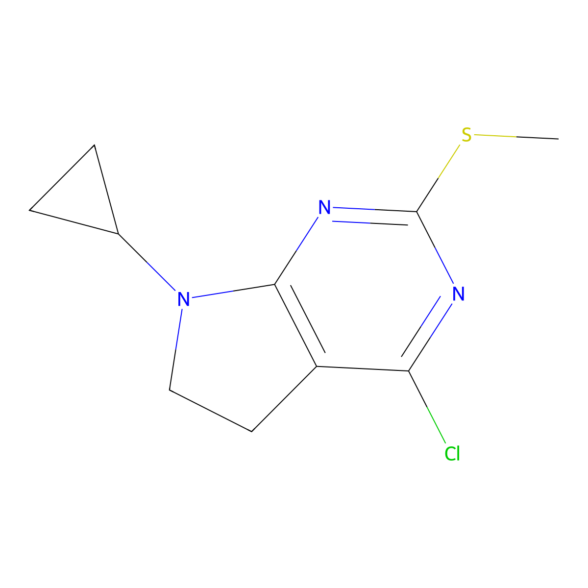 4-Chloro-7-cyclopropyl-2-(methylthio)-6,7-dihydro-5H-pyrrolo[2,3-d]pyrimidine molecular structure, CAS 1354359-58-2