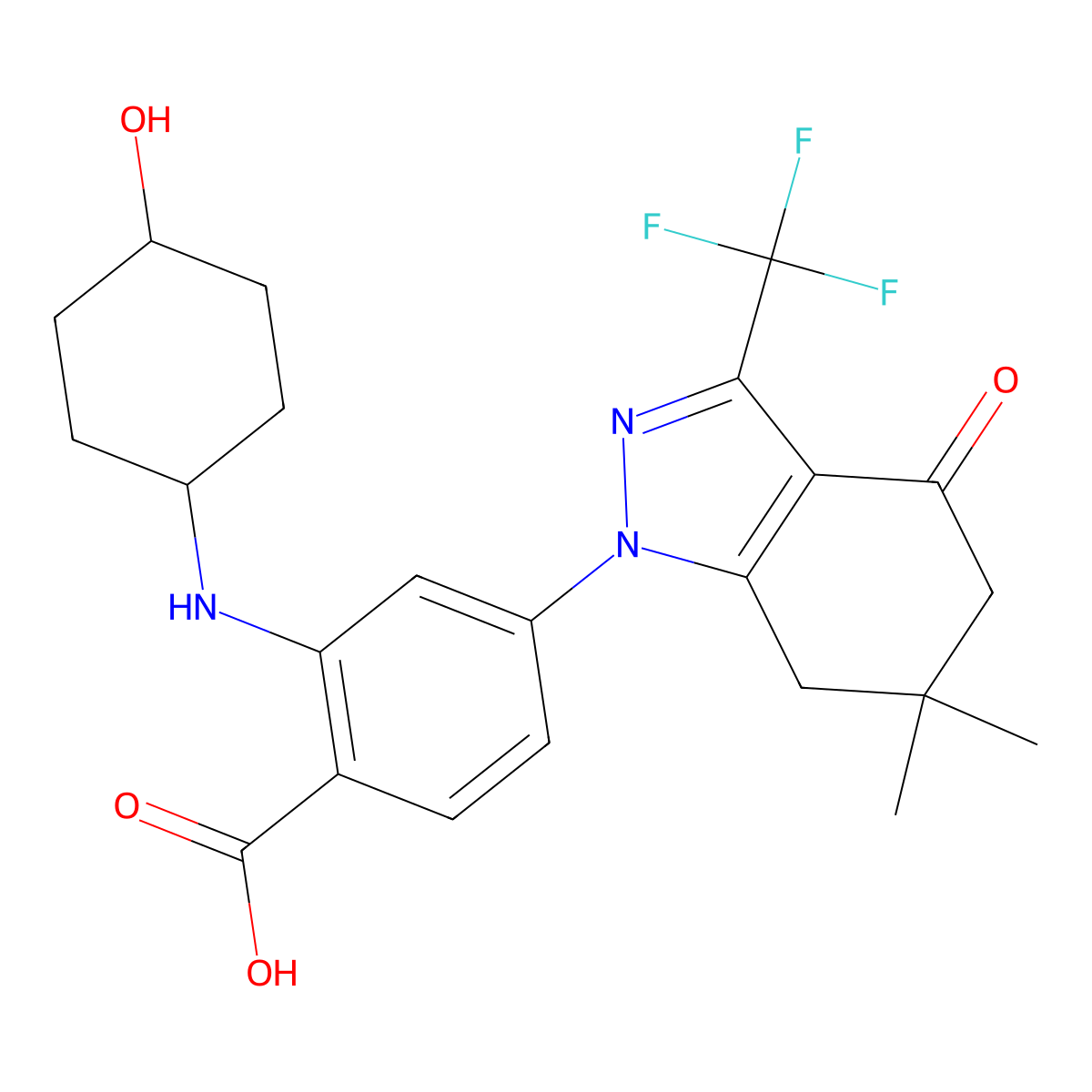 4-[6,6-dimethyl-4-oxo-3-(trifluoromethyl)-4,5,6,7-tetrahydro-1H-indazol-1-yl]-2-[(4-hydroxycyclohexyl)amino]benzoic acid molecular structure, CAS 1354448-64-8