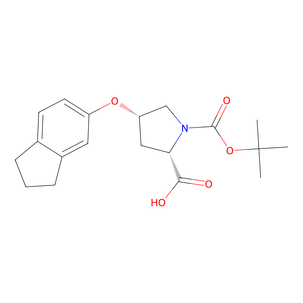 (2S,4S)-1-(Tert-butoxycarbonyl)-4-(2,3-dihydro-1H-inden-5-yloxy)-2-pyrrolidinecarboxylic acid molecular structure, CAS 1354486-66-0