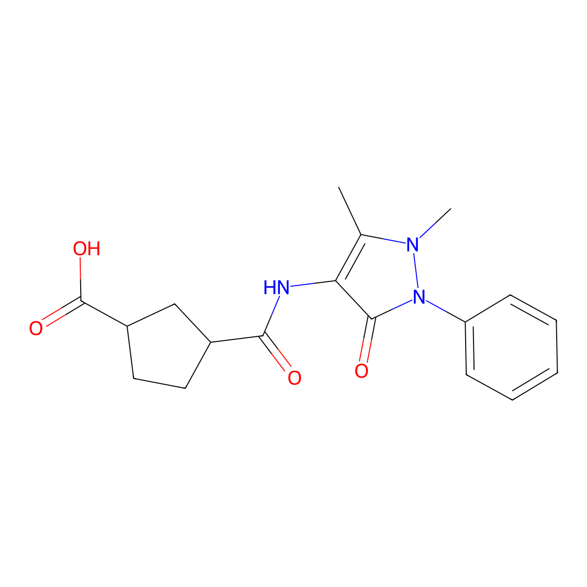 3-((1,5-dimethyl-3-oxo-2-phenyl-2,3-dihydro-1H-pyrazol-4-yl)carbamoyl)cyclopentanecarboxylic acid molecular structure, CAS 1354488-61-1