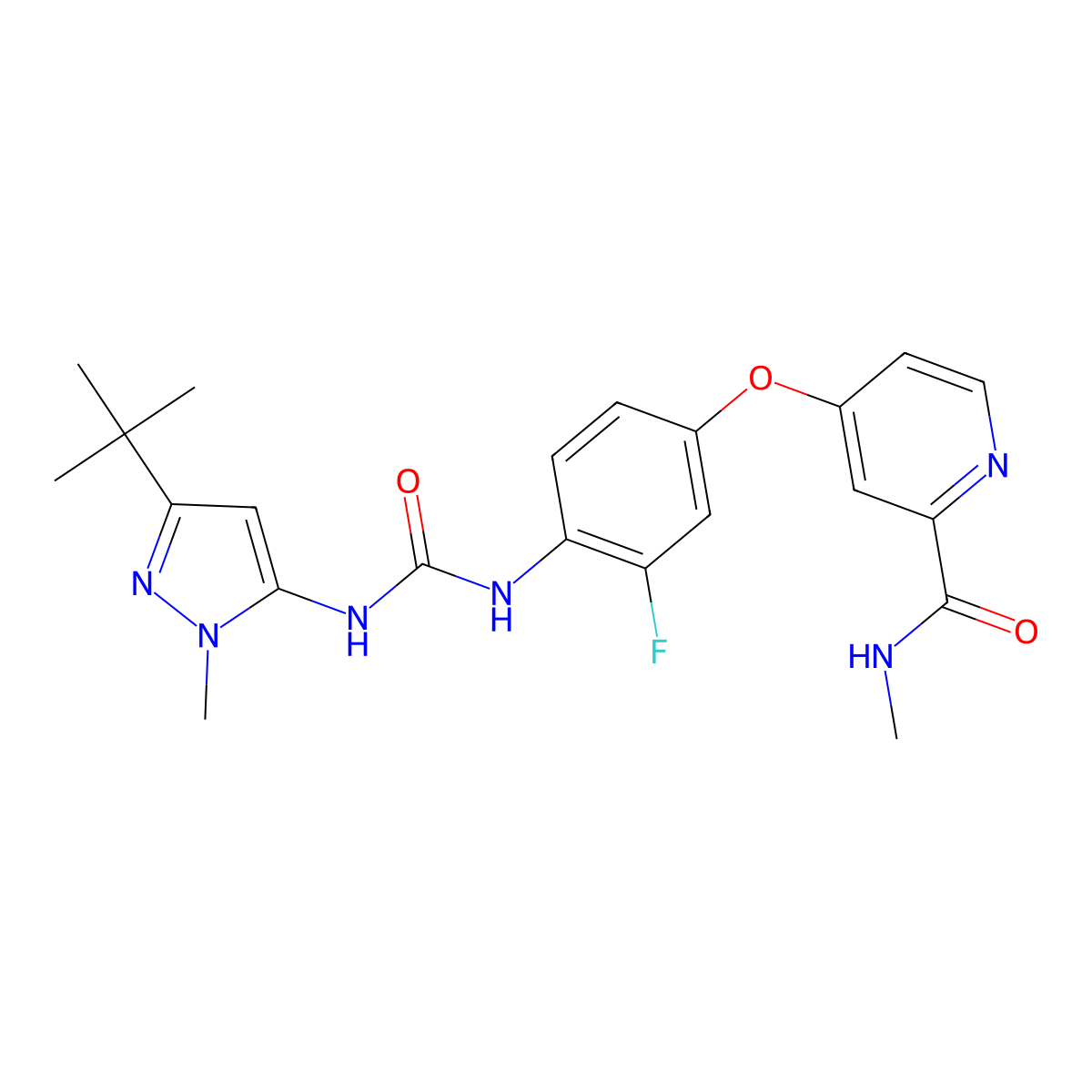 4-(4-(3-(3-(tert-Butyl)-1-methyl-1H-pyrazol-5-yl)-ureido)-3-fluorophenoxy)-N-methylpicolinamide molecular structure, CAS 1354650-00-2