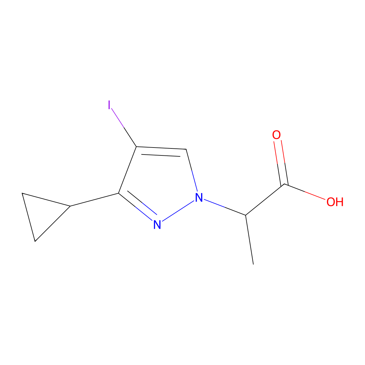 2-(3-cyclopropyl-4-iodo-1H-pyrazol-1-yl)propanoic acid molecular structure, CAS 1354705-54-6