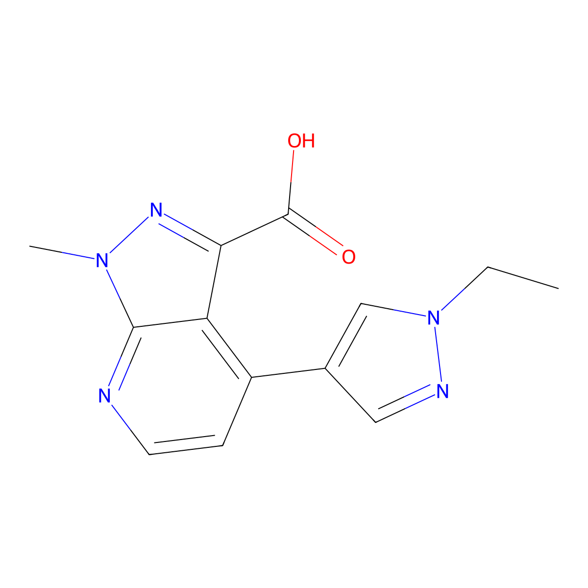 4-(1-ethyl-1H-pyrazol-4-yl)-1-methyl-1H-pyrazolo[3,4-b]pyridine-3-carboxylic acid molecular structure, CAS 1354705-96-6