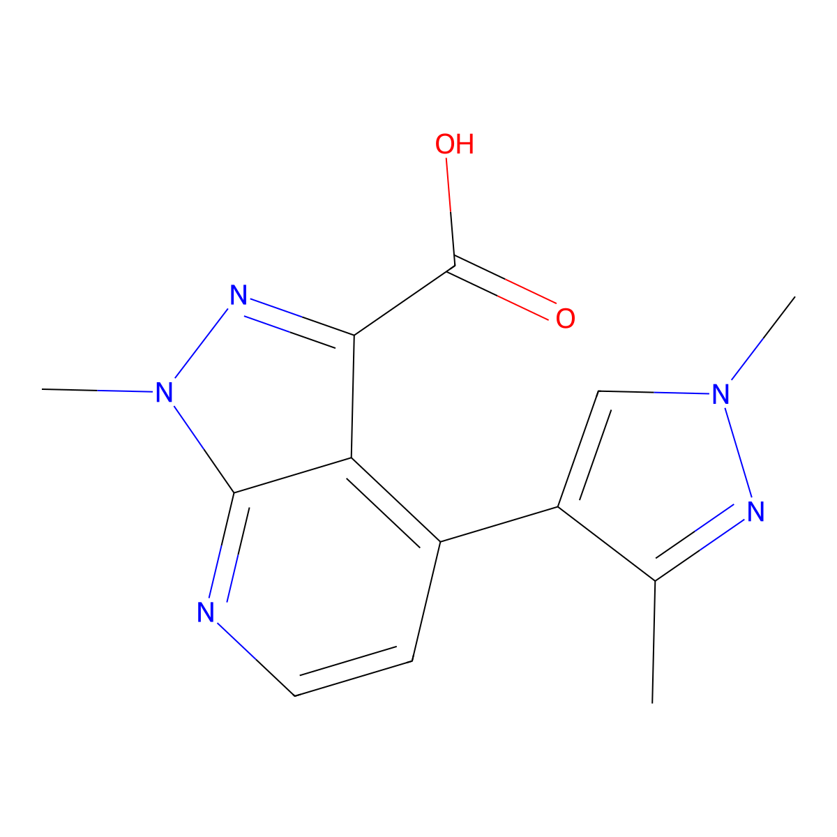 4-(1,3-dimethyl-1{H}-pyrazol-4-yl)-1-methyl-1{H}-pyrazolo[3,4-{b}]pyridine-3-carboxylic acid molecular structure, CAS 1354706-19-6