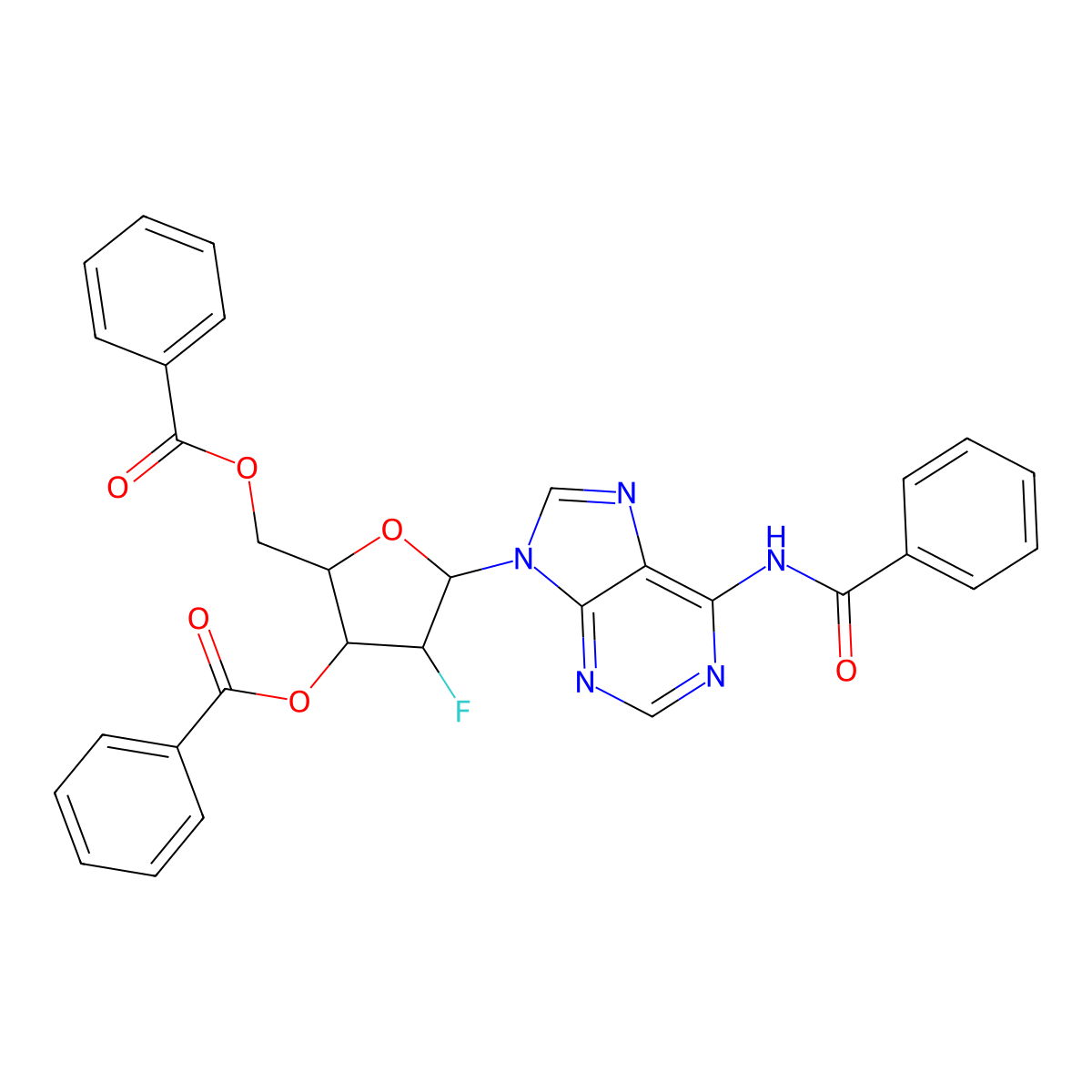 N-(9-(3,5-Di-O-benzoyl-2-deoxy-2-fluoro-beta-D-arabinofuranosyl)-9H-purin-6-yl)benzamide molecular structure, CAS 135473-17-5