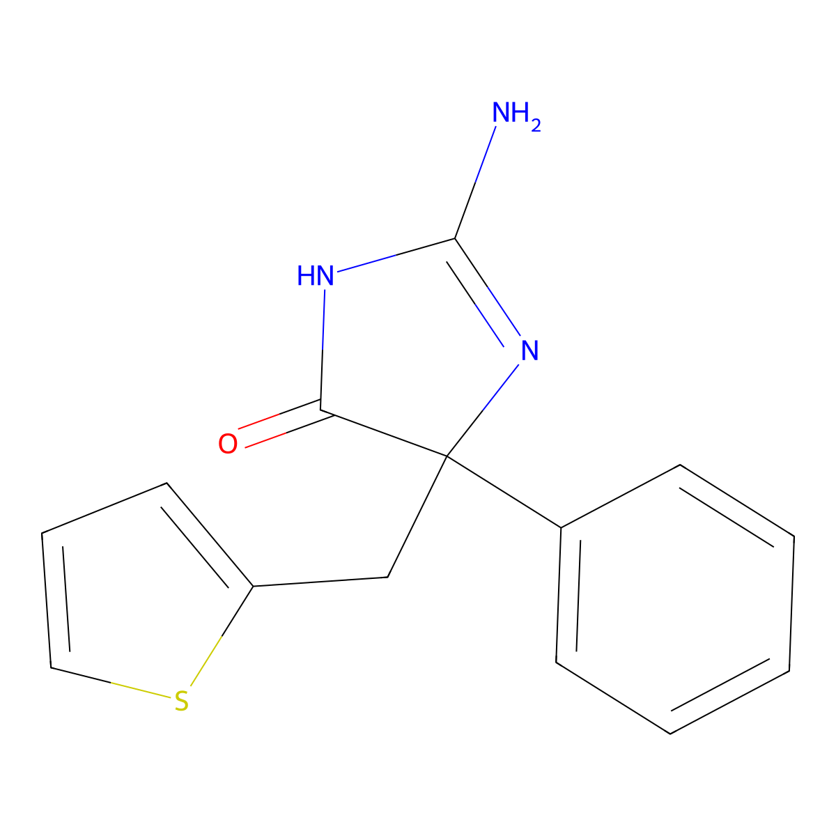 2-amino-5-phenyl-5-[(thiophen-2-yl)methyl]-4,5-dihydro-1H-imidazol-4-one molecular structure, CAS 1354934-48-7