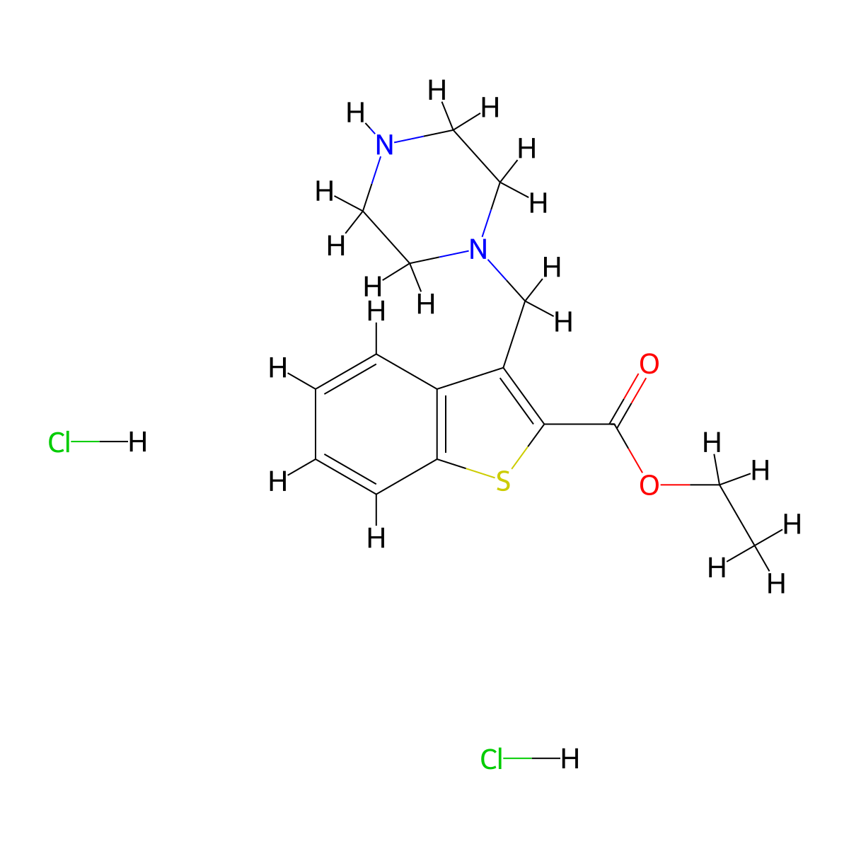 Ethyl 3-(piperazin-1-ylmethyl)-1-benzothiophene-2-carboxylate dihydrochloride molecular structure, CAS 1354950-45-0