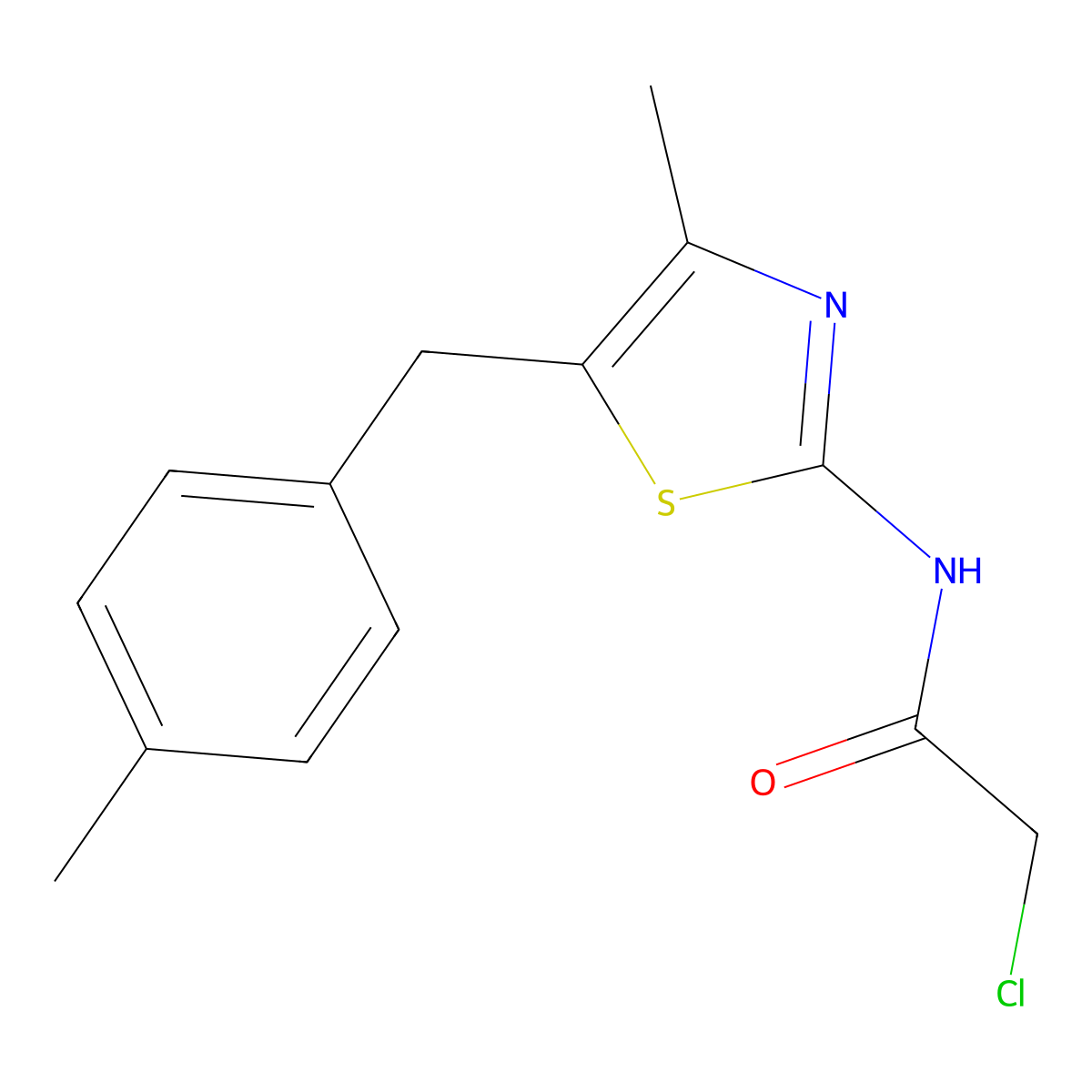 2-chloro-N-(4-methyl-5-((4-methylphenyl)methyl)-1,3-thiazol-2-yl)acetamide molecular structure, CAS 1354950-90-5