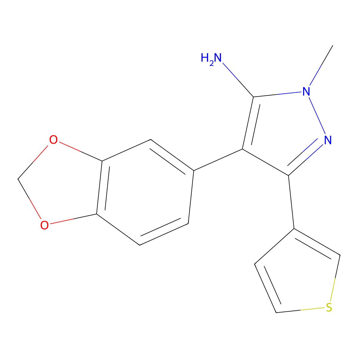 4-(2H-1,3-benzodioxol-5-yl)-2-methyl-5-(thiophen-3-yl)-2,3-dihydro-1H-pyrazol-3-imine molecular structure, CAS 1354958-60-3