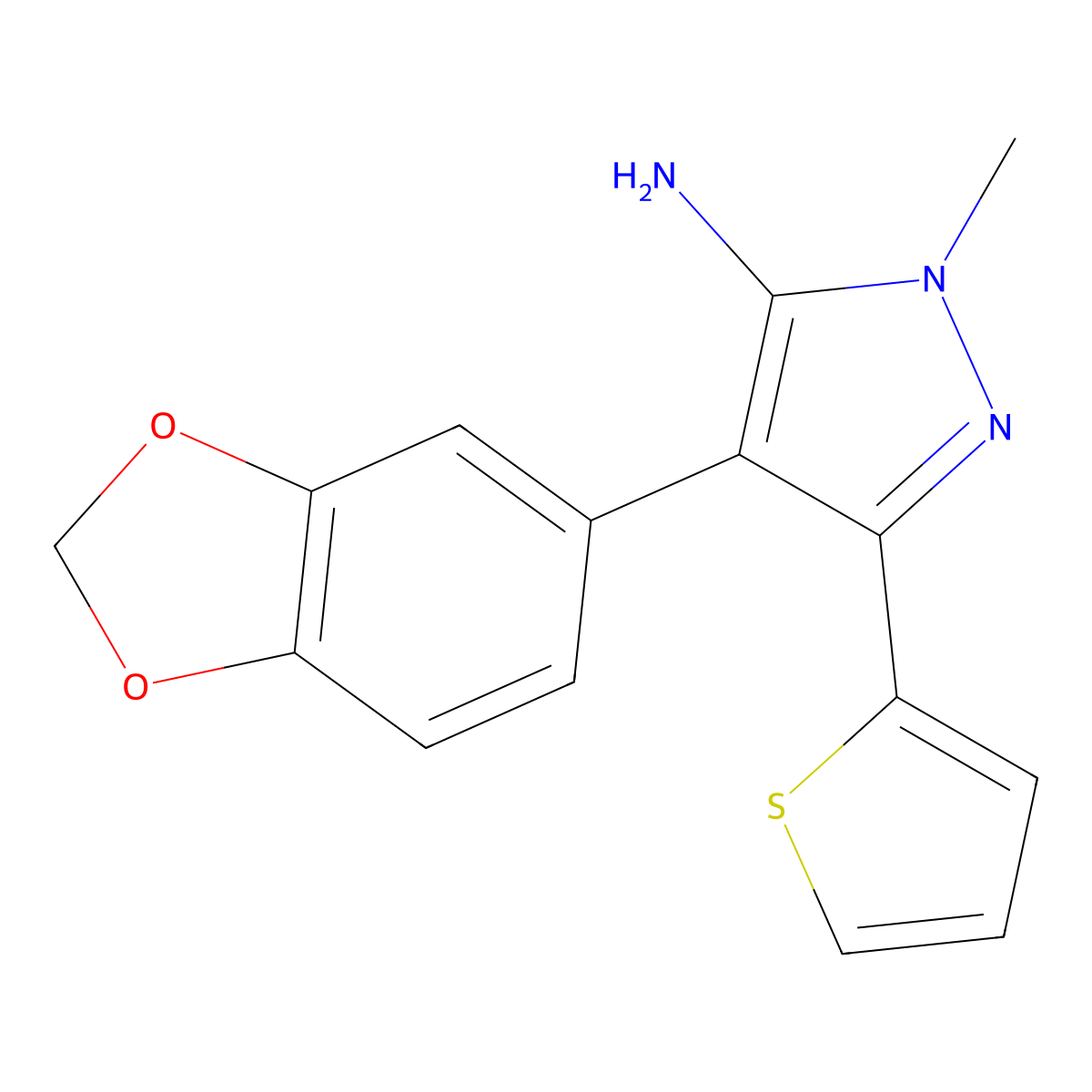 4-(2H-1,3-benzodioxol-5-yl)-2-methyl-5-(thiophen-2-yl)-2,3-dihydro-1H-pyrazol-3-imine molecular structure, CAS 1354960-92-1