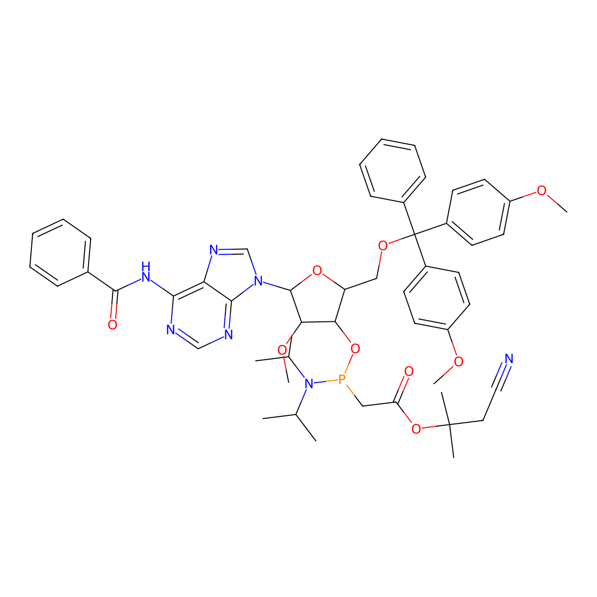 (1-cyano-2-methylpropan-2-yl) 2-[[(2R,3R,4R,5R)-5-(6-benzamidopurin-9-yl)-2-[[bis(4-methoxyphenyl)-phenylmethoxy]methyl]-4-methoxyoxolan-3-yl]oxy-[di(propan-2-yl)amino]phosphanyl]acetate molecular structure, CAS 1355047-24-3