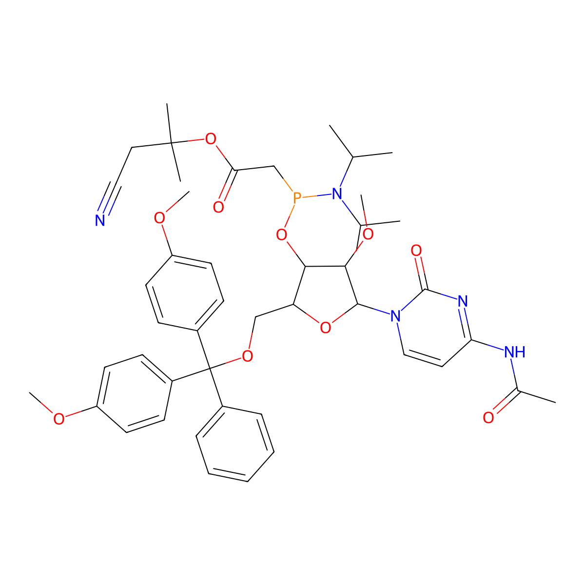 (1-cyano-2-methylpropan-2-yl) 2-[[(2R,3R,4R,5R)-5-(4-acetamido-2-oxopyrimidin-1-yl)-2-[[bis(4-methoxyphenyl)-phenylmethoxy]methyl]-4-methoxyoxolan-3-yl]oxy-[di(propan-2-yl)amino]phosphanyl]acetate molecular structure, CAS 1355047-25-4
