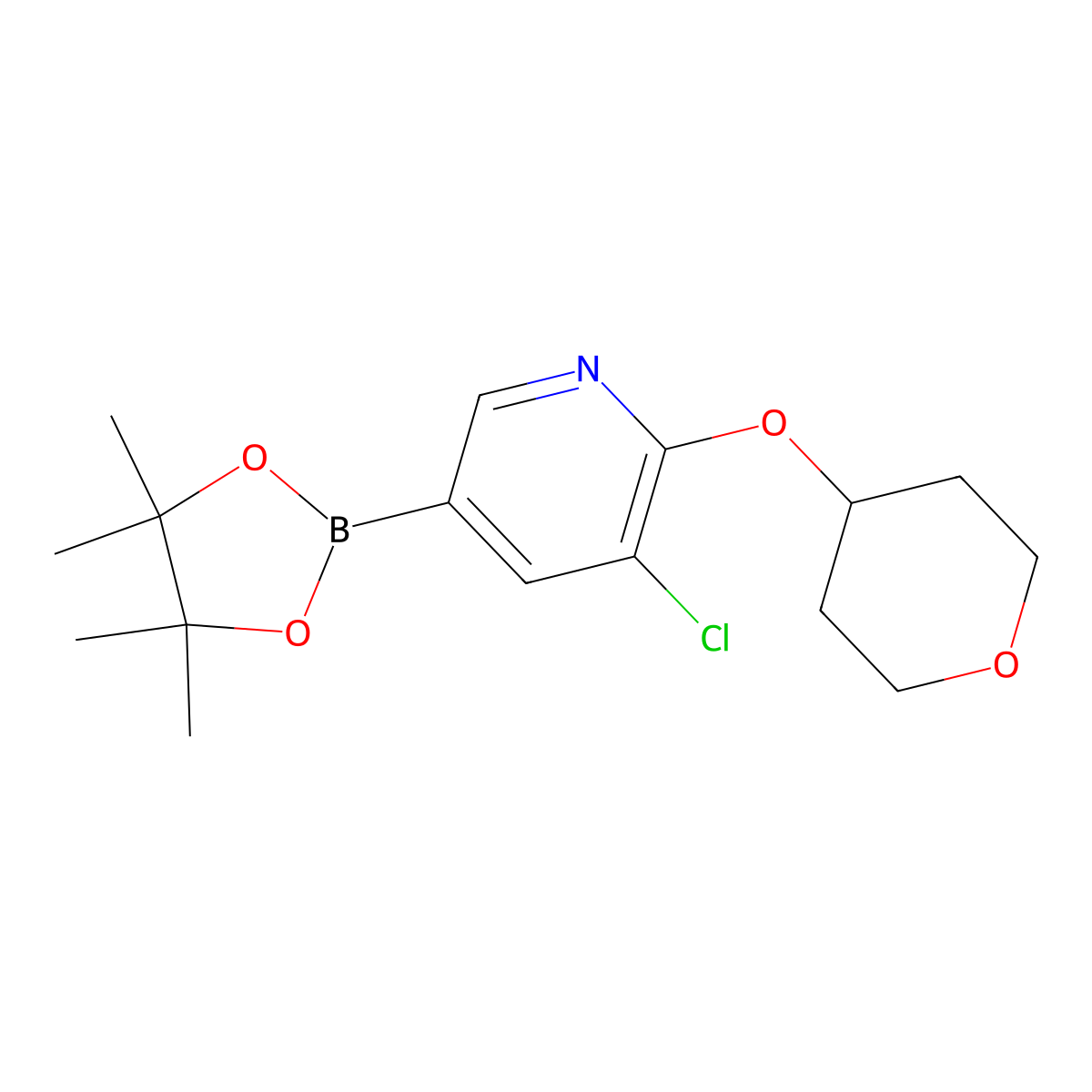 3-Chloro-2-((tetrahydro-2H-pyran-4-YL)oxy)-5-(4,4,5,5-tetramethyl-1,3,2-dioxaborolan-2-YL)pyridine molecular structure, CAS 1355066-49-7