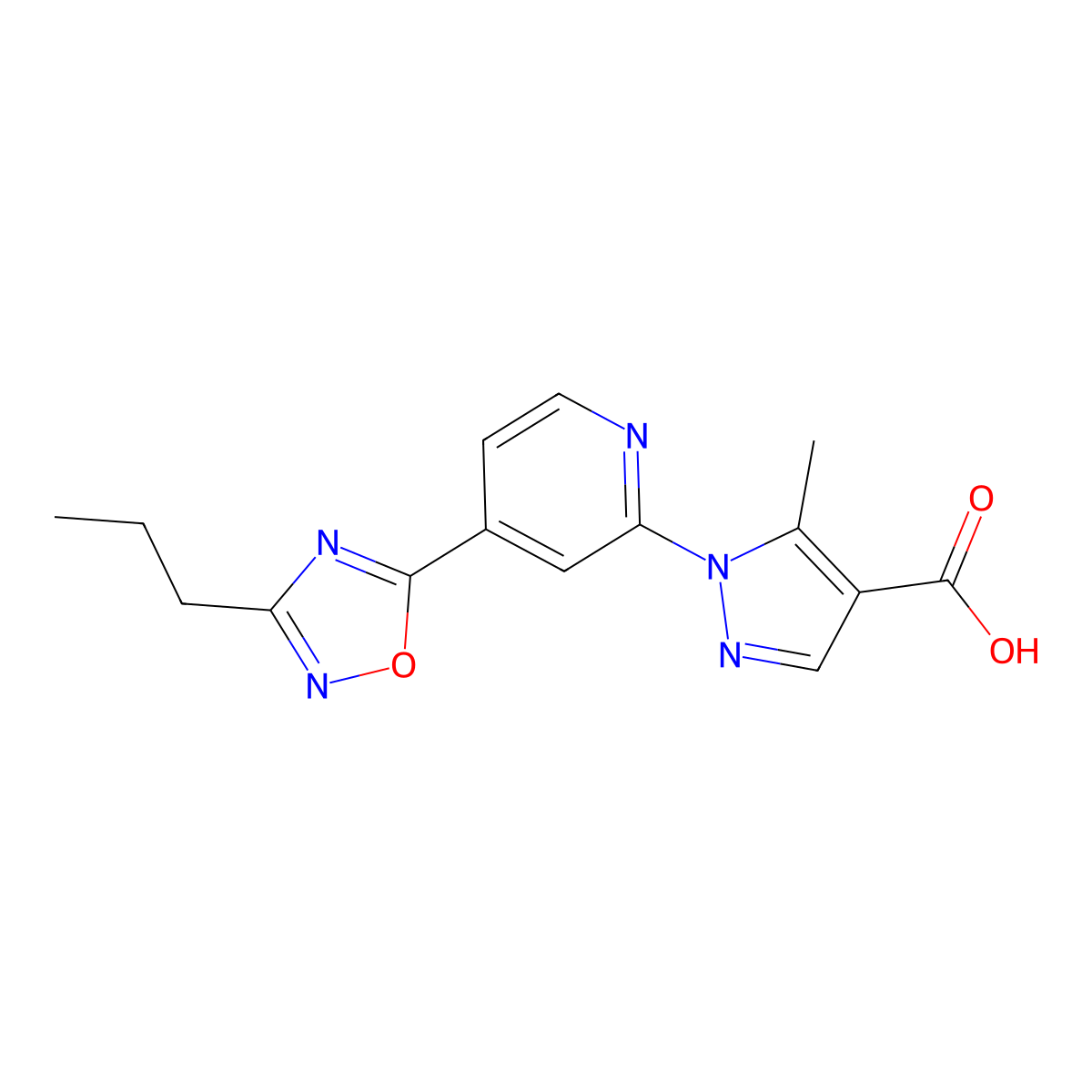 5-methyl-1-[4-(3-propyl-1,2,4-oxadiazol-5-yl)pyridin-2-yl]-1H-pyrazole-4-carboxylic acid molecular structure, CAS 1355175-20-0