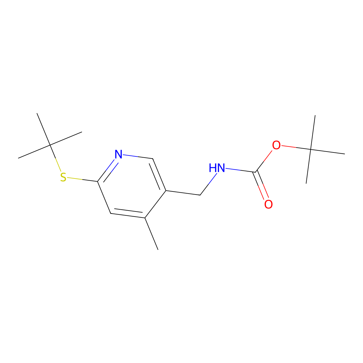 Tert-butyl ((6-(tert-butylthio)-4-methylpyridin-3-yl)methyl)carbamate molecular structure, CAS 1355200-09-7