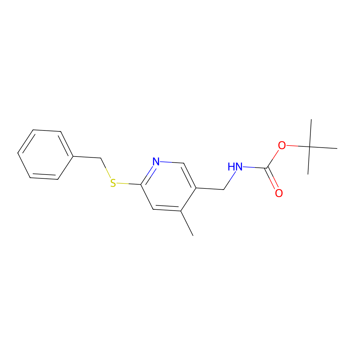 Carbamic acid, N-[[4-methyl-6-[(phenylmethyl)thio]-3-pyridinyl]methyl]-, 1,1-dimethylethyl ester molecular structure, CAS 1355231-25-2