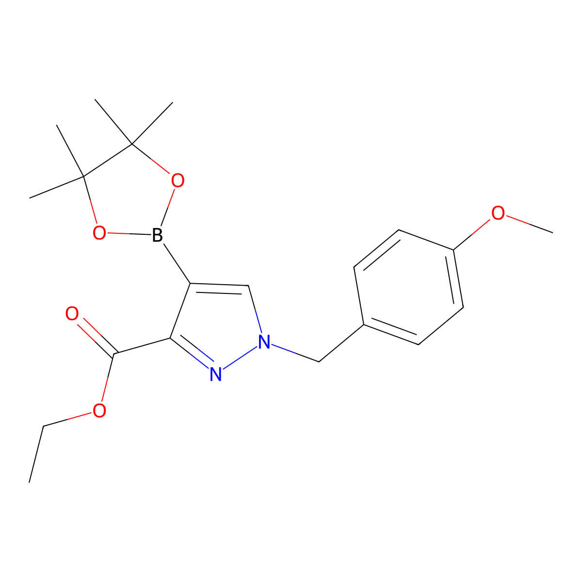 Ethyl 1-(4-methoxybenzyl)-4-(4,4,5,5-tetramethyl-1,3,2-dioxaborolan-2-yl)-1H-pyrazole-3-carboxylate molecular structure, CAS 1355249-30-7