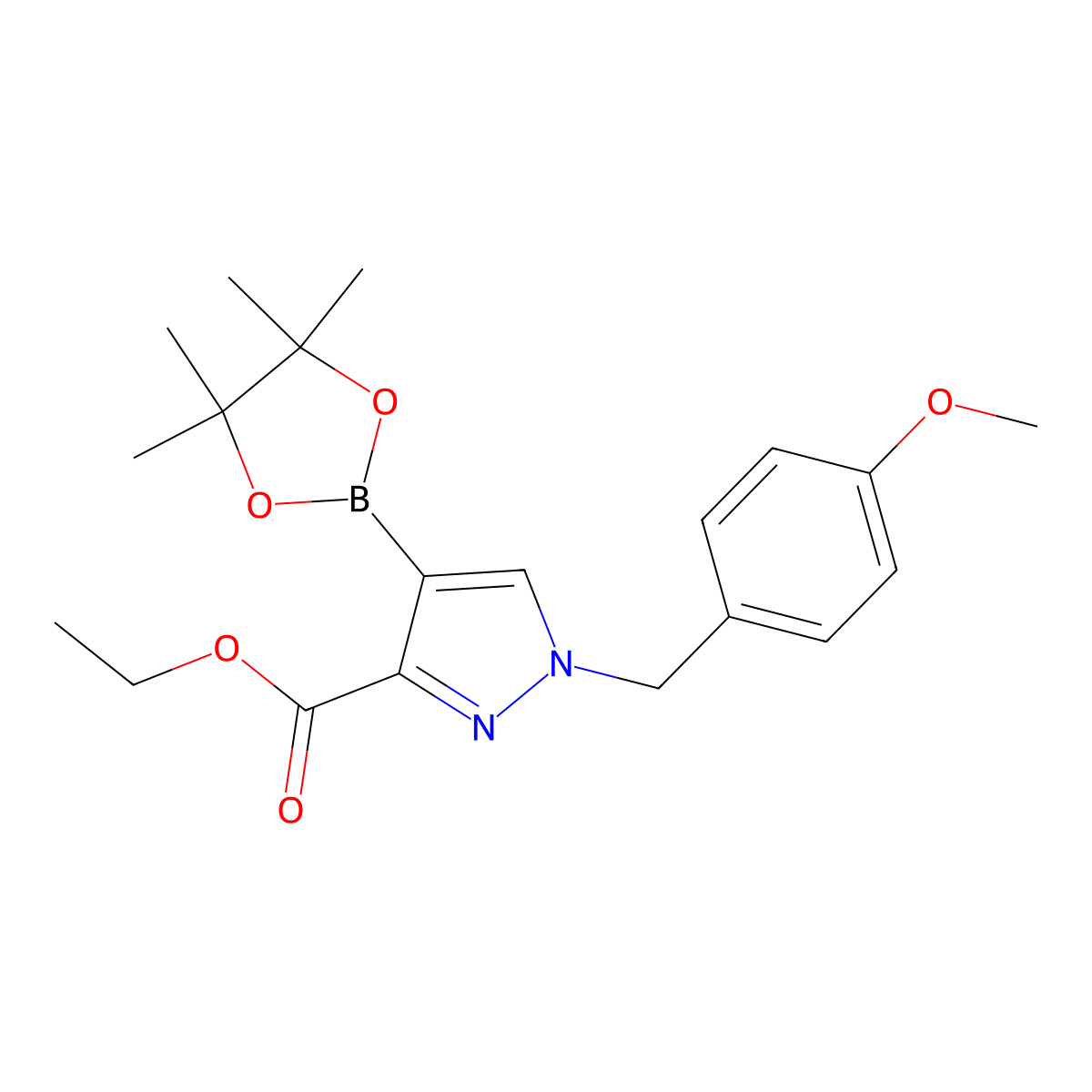 Ethyl 1-(4-methoxybenzyl)-4-(4,4,5,5-tetramethyl-1,3,2-dioxaborolan-2-yl)-1H-pyrazole-3-carboxylate molecular structure, CAS 1355249-30-7