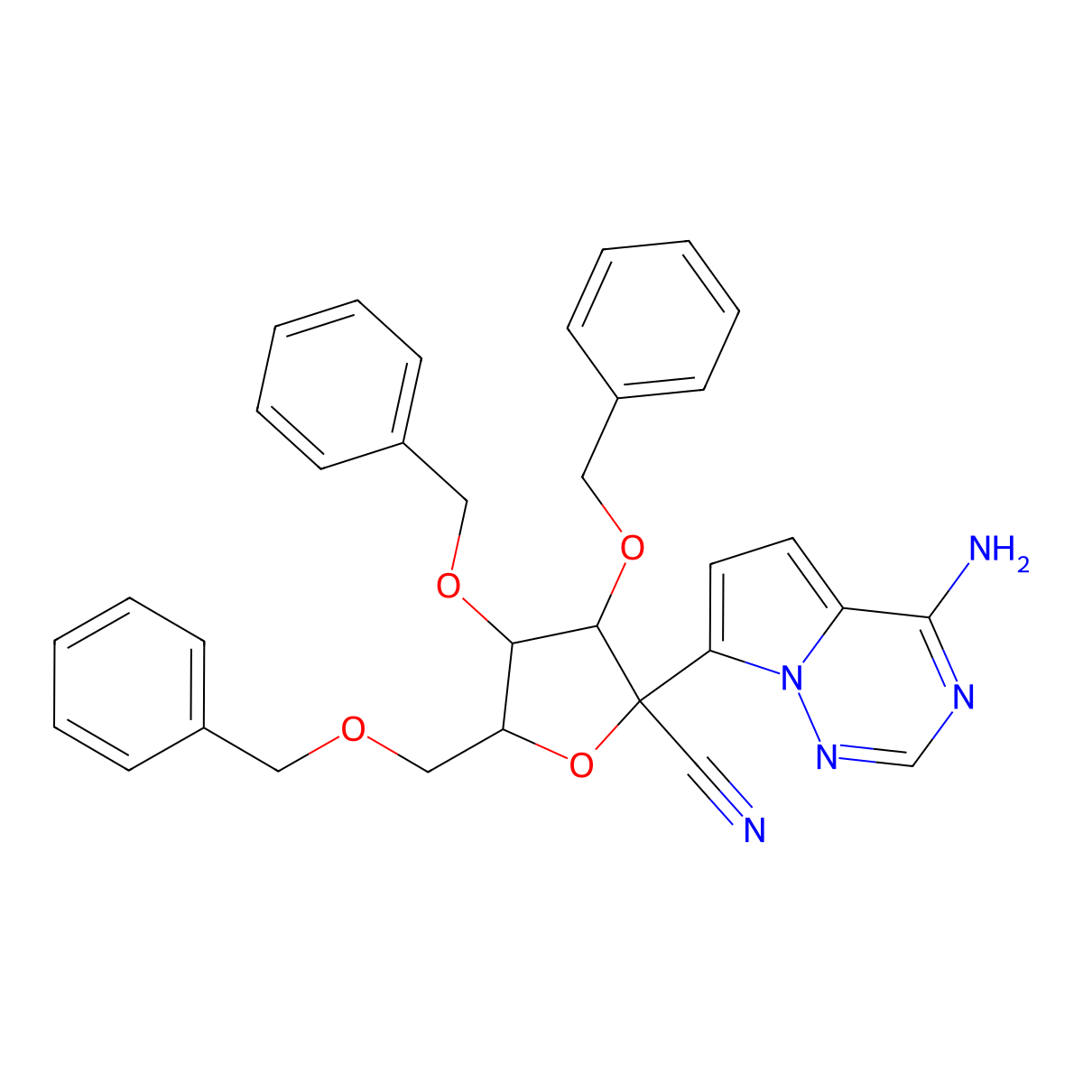 (2R,3R,4R,5R)-2-(4-aminopyrrolo(2,1-f)(1,2,4)triazin-7-yl)-3,4-bis(phenylmethoxy)-5-(phenylmethoxymethyl)oxolane-2-carbonitrile molecular structure, CAS 1355357-49-1