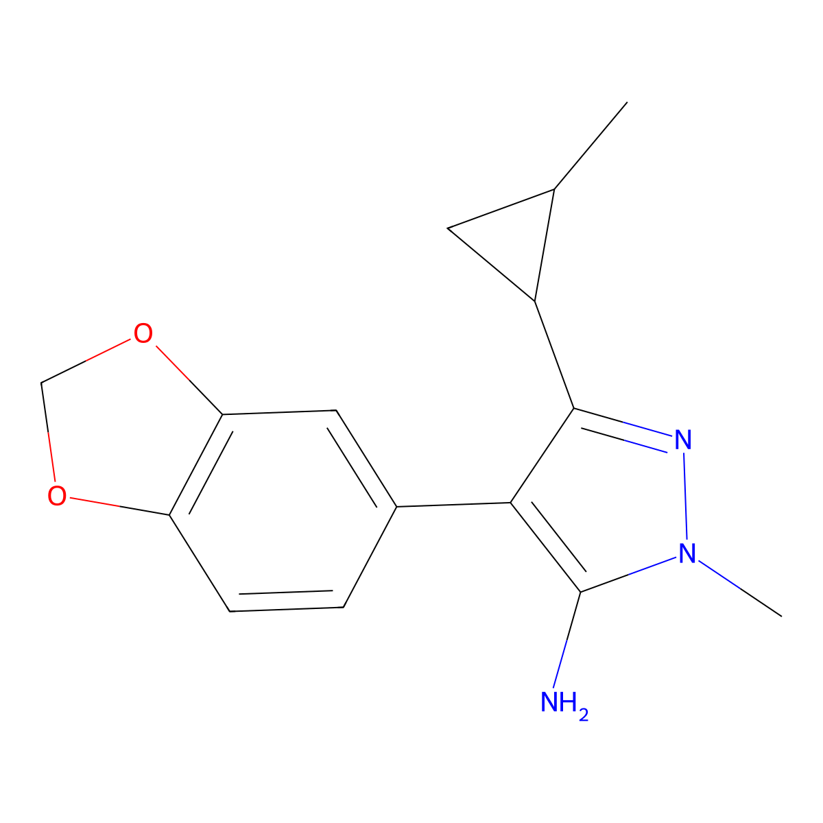 4-(2H-1,3-benzodioxol-5-yl)-2-methyl-5-(2-methylcyclopropyl)-2,3-dihydro-1H-pyrazol-3-imine molecular structure, CAS 1355785-92-0